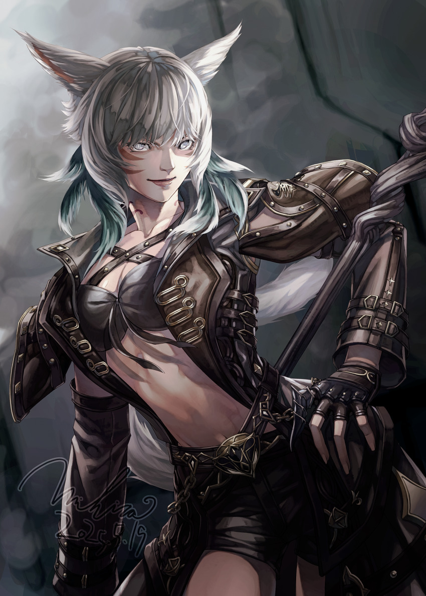 1girl absurdres animal_ears archon_mark belt breasts cat_ears cat_tail cleavage commentary_request dark-skinned_female dark_skin dated facial_mark final_fantasy final_fantasy_xiv fingerless_gloves gloves grey_eyes hand_on_own_hip highres jacket looking_at_viewer medium_breasts mihira_(tainosugatayaki) miqo&#039;te neck_tattoo open_clothes open_jacket short_hair shorts solo staff tail tattoo whisker_markings white_hair y&#039;shtola_rhul