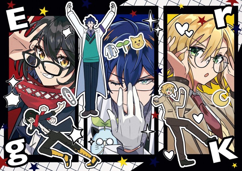 3boys adjusting_eyewear aqua_eyes aqua_sweater_vest armband arms_up black-framed_eyewear black_hair black_pants blonde_hair blue_hair blue_pants blush brown_footwear brown_jacket brown_pants coat collared_shirt glasses gloves green_eyes group_name hair_between_eyes hand_up jacket kakaramama lab_coat leos_vincent leos_vincent_(1st_costume) male_focus mameneko_(leos_vincent) mashiro_meme mashiro_meme_(1st_costume) multiple_boys necktie nijisanji one_eye_closed opaque_glasses open_clothes open_coat pants purple_armband red_necktie red_scarf round_eyewear scarf school_uniform shirt shirt_tucked_in short_hair sparkle star_(symbol) suspenders uzuki_kou uzuki_kou_(3rd_costume) virtual_youtuber white_coat white_gloves white_shirt yellow_eyes