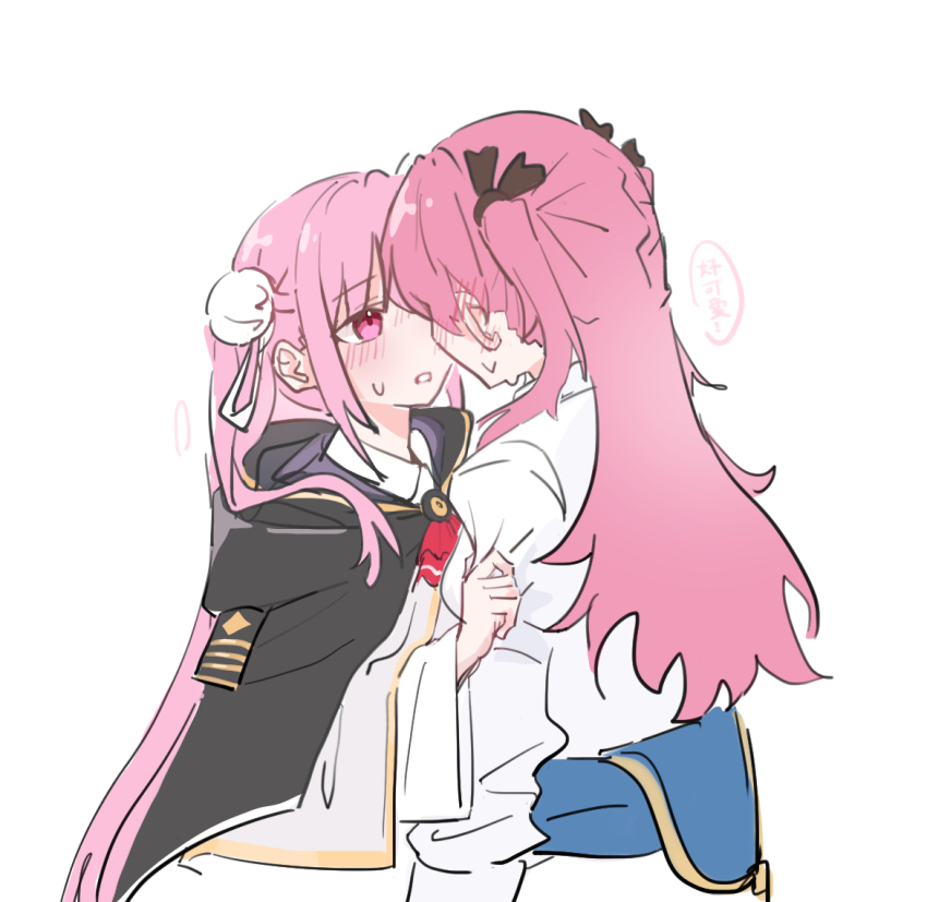 2girls aikawa_megumi black_cape black_ribbon blush cape clothes_grab ear_blush hair_ribbon heaven_burns_red kunimi_tama long_hair multiple_girls pink_eyes pink_hair rantan_0925 ribbon shirt shirt_grab simple_background speech_bubble sweatdrop translation_request two_side_up upper_body white_background white_shirt yuri