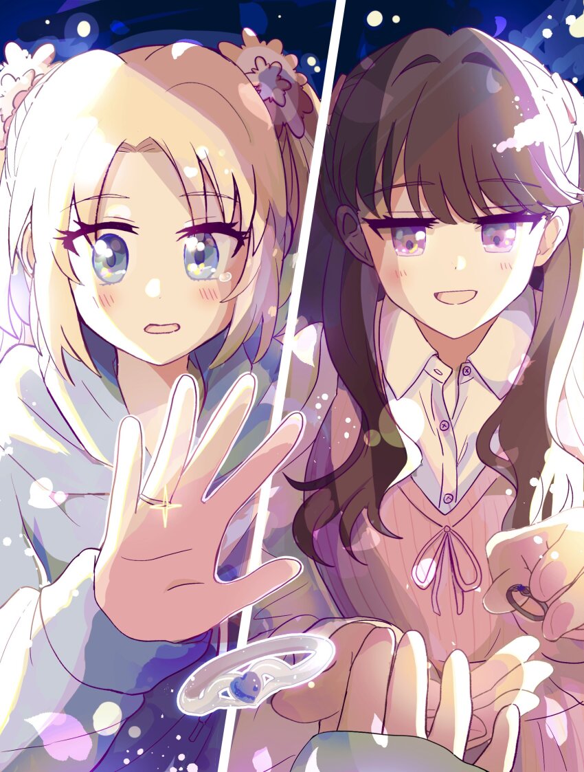 2girls :d absurdres blonde_hair blue_eyes blue_hoodie blush brown_hair clothing_cutout collared_shirt commentary curtained_hair dress dress_shirt flower fujishima_megumi fujishima_megumi_(winter_loungewear) giving hair_flower hair_intakes hair_ornament heart_ring highres hood hoodie jewelry jitome link!_like!_love_live! long_hair long_sleeves love_live! mira-cra_park! multiple_girls open_collar open_mouth ornate_ring osawa_rurino osawa_rurino_(winter_loungewear) pinafore_dress pink_dress pink_flower purple_eyes ring shirt shoulder_cutout silver_ring single_tear sleeveless sleeveless_dress smile sparkle twintails two_side_up virtual_youtuber watage_modoki wedding_ring white_shirt yuri