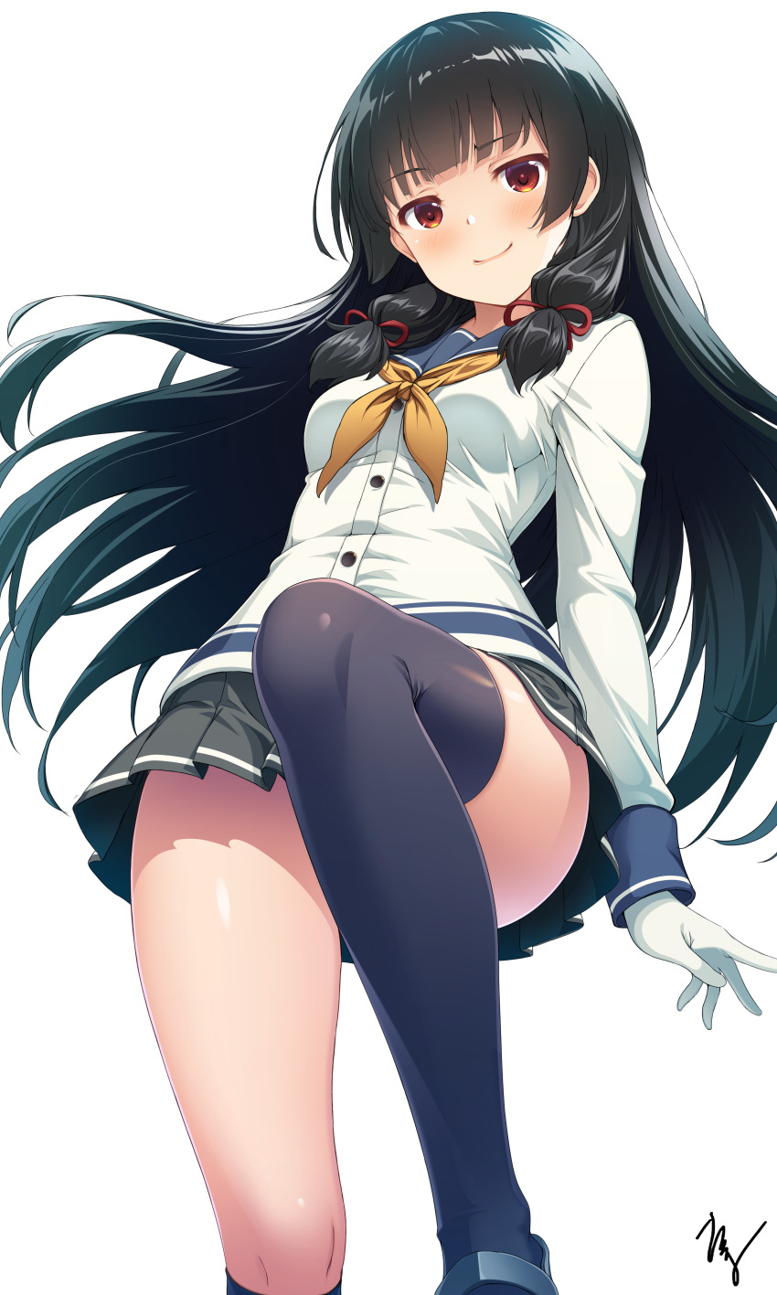 &gt;:) 1girl absurdres arm_behind_back asymmetrical_legwear black_hair black_thighhighs blue_sailor_collar blunt_bangs blush breasts closed_mouth commentary_request convenient_leg feet_out_of_frame floating_hair from_below gloves grey_skirt hair_ribbon highres isokaze_(kancolle) kantai_collection long_hair long_sleeves looking_at_viewer looking_down medium_breasts miniskirt mismatched_legwear neckerchief pleated_skirt red_eyes red_ribbon ribbon sailor_collar school_uniform serafuku shirt sidelocks signature simple_background single_thighhigh skirt smile smug solo standing straight_hair takuma_(takumo7121) tareme thigh_focus thighhighs thighs upskirt v-shaped_eyebrows very_long_hair white_background white_gloves white_shirt yellow_neckerchief