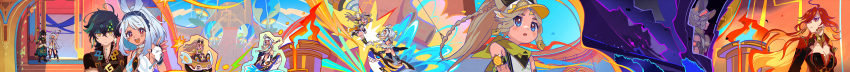 1boy 3girls :d absurdres aether_(genshin_impact) ahoge bandana battle black_hairband blonde_hair blue_eyes bodysuit braid breasts brown_hair chinchilla_ears cleavage colored_inner_hair earrings fingerless_gloves fire fish-shaped_pupils genshin_impact gloves green_bandana green_scarf hair_over_one_eye hairband highres incredibly_absurdres jewelry kachina_(genshin_impact) kinich_(genshin_impact) large_breasts long_hair long_image mavuika_(genshin_impact) mualani_(genshin_impact) multicolored_hair multiple_girls nakura_hakuto open_mouth red_eyes red_hair scarf smile swept_bangs symbol-shaped_pupils two-tone_hair upper_body very_long_hair waving white_gloves wide_image yellow_eyes