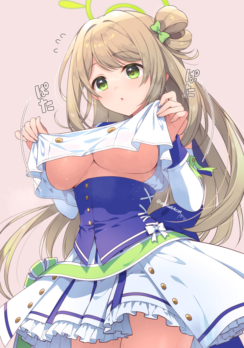 1girl alpha_(yukai_na_nakamatachi) bare_shoulders blue_archive breasts clothes_lift cowboy_shot detached_sleeves fingernails flying_sweatdrops frilled_skirt frills green_eyes highres large_breasts lifting_own_clothes light_brown_hair long_hair mischievous_straight_uniform_(blue_archive) motion_lines nonomi_(blue_archive) official_alternate_costume pink_background pleated_skirt shirt shirt_lift simple_background skirt solo underboob white_shirt white_skirt white_sleeves