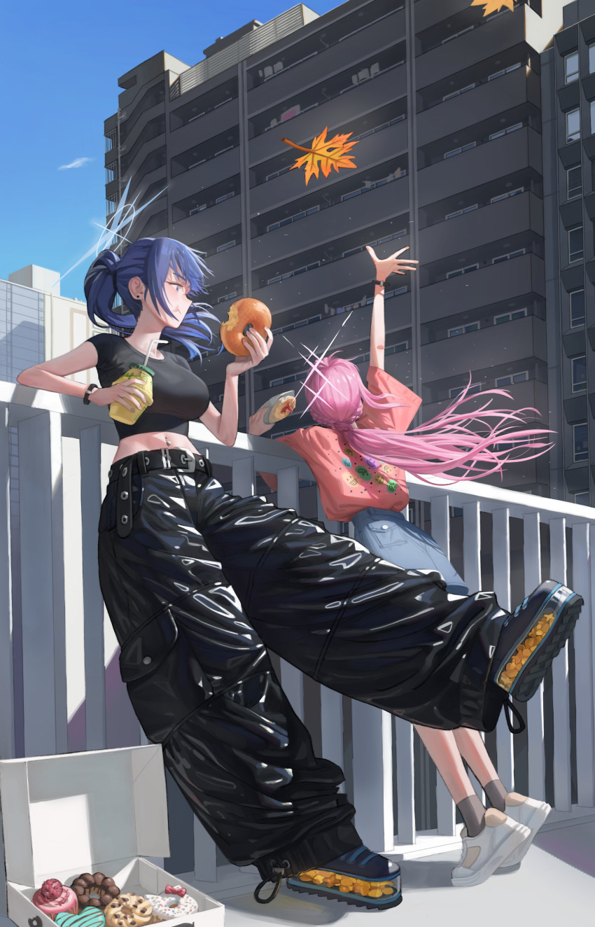 2girls absurdres against_railing atsuko_(blue_archive) back baggy_pants black_footwear black_pants black_shirt blue_archive blue_eyes blue_hair blue_halo blue_sky box breasts cardboard_box commentary cropped_shirt cup denim denim_skirt donut drink drinking_straw eating english_commentary falling_leaves food full_body grey_socks halo handrail high_heel_sneakers highres holding holding_cup holding_drink hyeonjong8 large_breasts leaf long_hair looking_at_food maple_leaf multiple_girls open_box outdoors pants pastry_box pink_hair ponytail railing reaching saori_(blue_archive) shirt shoes sidelocks skirt sky sneakers socks standing watch white_footwear wristwatch