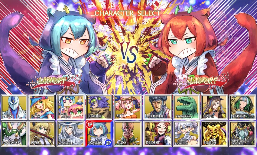 6+boys 6+girls aleister_(yu-gi-oh!) alternate_color bare_shoulders baseball_cap black_jacket blonde_hair blue_eyes blue_gloves blue_hair blue_skin blue_tail blush_stickers breasts character_select cleavage colored_skin commentary_request dark_magician_girl demon_girl demon_horns dinowrestler_pankratops dragon_girl dragon_tail drill_hair duel_monster eldlich_the_golden_lord elemental_hero_neos english_text fang fighting_game fingerless_gloves gagagigo gloves green_eyes green_hair grey_hair hat hatano_kiyoshi highres holding holding_sword holding_weapon horns jacket jinzo_(yu-gi-oh!) ki-sikil_(yu-gi-oh!) kitt_(yu-gi-oh!) large_breasts laundry_dragonmaid lil-la_(yu-gi-oh!) live_twin_ki-sikil live_twin_lil-la lovely_labrynth_of_the_silver_castle maid multiple_boys multiple_girls ningirsu_(yu-gi-oh!) ojou-sama_pose orange_eyes palette_swap pink_hair purple_hair red-eyes_dark_dragoon red_gloves red_hair red_tail silent_magician sky_striker_ace_-_raye sword tail triceratops twin_drills twintails vs warrior_dai_grepher weapon white_hat white_skin witch witch_hat witchcrafter_haine yu-gi-oh! zoodiac_drident
