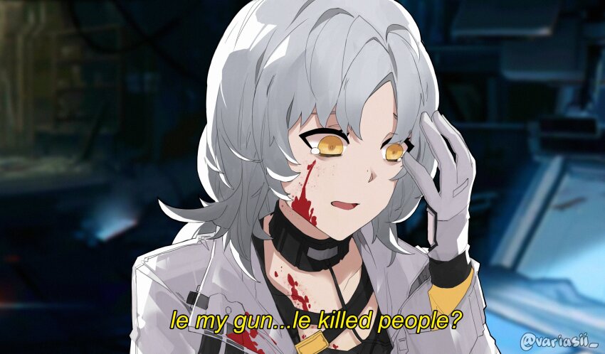 1girl blood blood_on_clothes commentary english_commentary english_text erma_(girls&#039;_frontline) girls&#039;_frontline gloves highres jacket long_hair long_sleeves looking_down open_mouth oppenheimer_(movie) parody solo subtitled tearing_up twitter_username variasii white_gloves white_hair white_jacket yellow_eyes
