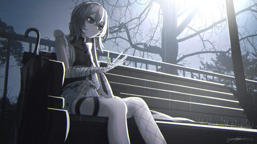 1girl bandaged_arm bandages bare_tree checkered_clothes checkered_skirt closed_umbrella commission fence fishnet_thighhighs fishnets frills grey_eyes grey_hair highres medium_hair night on_bench outdoors rain sitting skeb_commission skeletal_arm skeletal_hand skirt sutorobo72 thighhighs tree umbrella