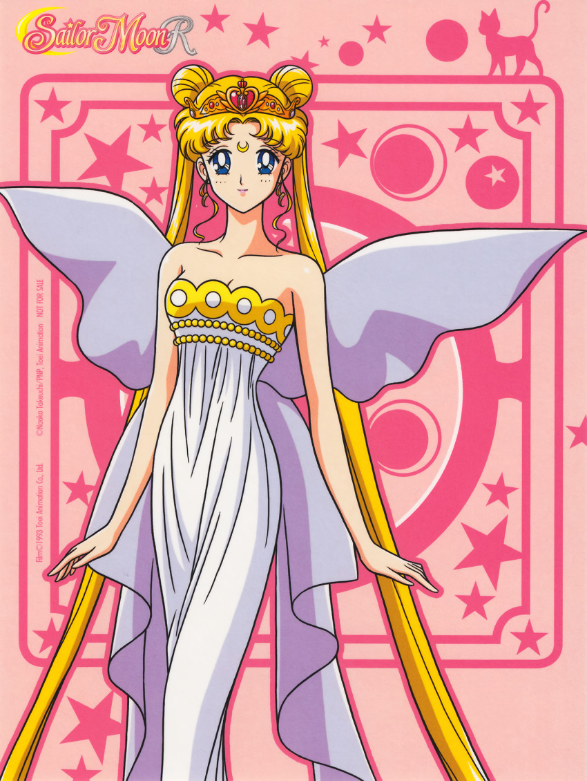 1990s_(style) arms_at_sides bishoujo_senshi_sailor_moon bishoujo_senshi_sailor_moon_r blonde_hair blue_eyes breasts cleavage copyright_name copyright_notice crescent crescent_facial_mark double_bun dress facial_mark feet_out_of_frame forehead_mark hair_bun highres light_smile long_hair luna_(sailor_moon) not_for_sale pink_background princess_serenity retro_artstyle silhouette solo star_(symbol) star_symbol_background strapless strapless_dress tiara tsukino_usagi twintails very_long_hair