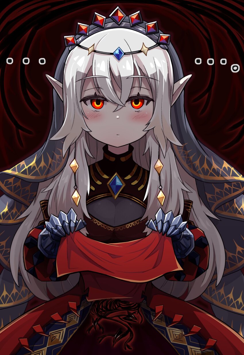 1girl absurdres black_tiara black_veil blazing_cartesia_the_virtuous breasts cleavage closed_mouth clothes_lift dress duel_monster ecclesia_(yu-gi-oh!) hair_between_eyes highres large_breasts lifting_own_clothes long_hair looking_at_viewer pointy_ears red_dress red_eyes regain_(regain_illust) solo tiara veil white_hair yu-gi-oh!