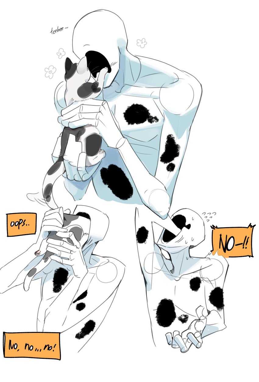 1boy absurdres animal blush cat colored_skin ddyun_923 faceless flying_sweatdrops happy highres holding holding_animal holding_cat hole_in_head male_focus marvel portal_(object) reaching spider-man:_across_the_spider-verse spider-man_(series) spider-verse spot_(marvel) white_skin worried