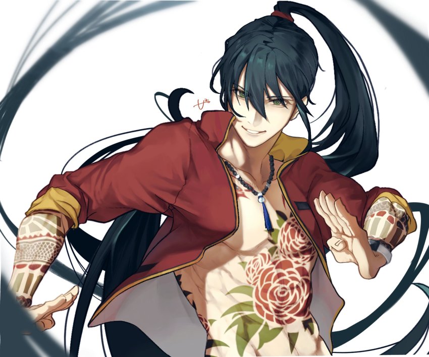 1boy abs air_(ai_r_) alternate_hairstyle bare_pectorals black_hair commentary_request fate/grand_order fate_(series) flower_tattoo full-body_tattoo green_eyes hair_between_eyes hand_up highres jacket jewelry long_hair long_sleeves looking_at_viewer male_focus necklace official_alternate_costume open_clothes open_jacket open_mouth pectorals ponytail red_jacket signature simple_background smile solo tattoo teeth toned toned_male upper_body very_long_hair white_background yan_qing_(fate) yan_qing_(training_wear)_(fate)