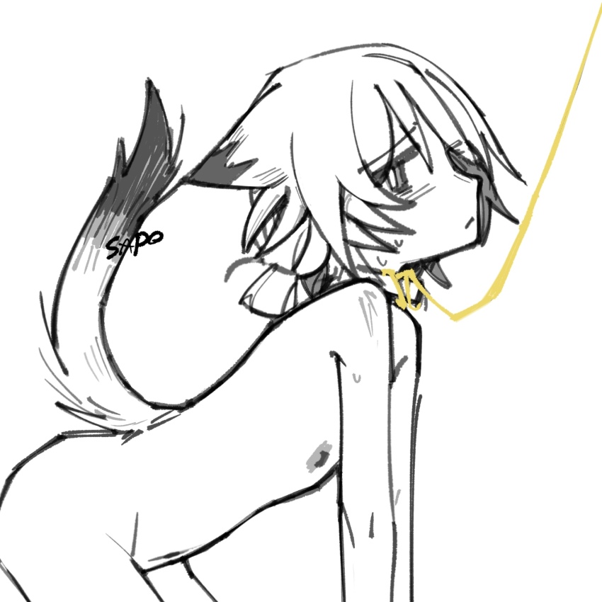 1girl all_fours animal_ears artist_name bdsm blush cat_ears cat_girl cat_tail cipher_(honkai:_star_rail) collar completely_nude gold half-closed_eyes highres honkai:_star_rail honkai_(series) implied_yuri leash loli low_twintails monochrome navel nipples nude pet_play sapo_(bananilsonfarofa) short_hair signature sketch slave sweat tail twintails