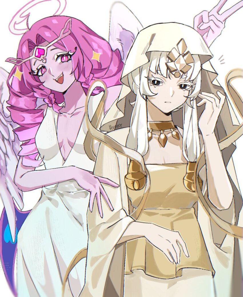2girls angel_wings black_eyes breasts bright_pupils circlet colored_eyelashes commentary cookie_run cookie_run:_kingdom dress eternal_sugar_cookie halo haniwa15 hashtag-only_commentary highres long_hair multiple_girls mystic_flour_cookie open_mouth parted_lips pink_eyes pink_hair ringlets sleeveless sleeveless_dress smile v veil white_dress white_hair white_pupils white_veil white_wings wings