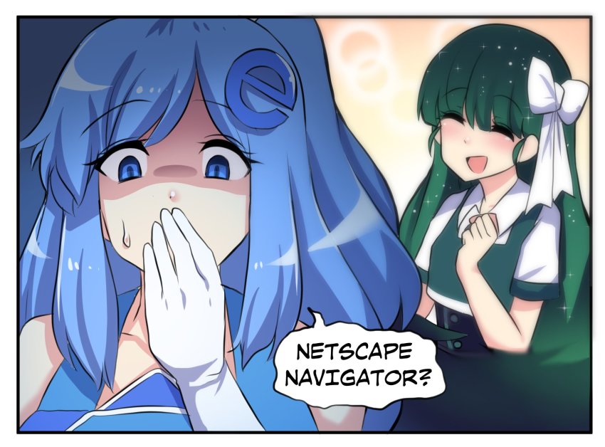 2girls black_hair blue_eyes blue_hair blush bow closed_eyes collarbone comic covering_own_mouth english_text eyes_visible_through_hair gradient_hair green_hair hair_between_eyes hair_bow hair_ornament highres hinghoi internet_explorer internet_explorer_(merryweather) long_hair looking_down multicolored_hair multiple_girls netscape netscape_(merryweather) open_mouth original os-tan scared short_sleeves sleeveless smile sparkle speech_bubble surprised sweatdrop white_bow