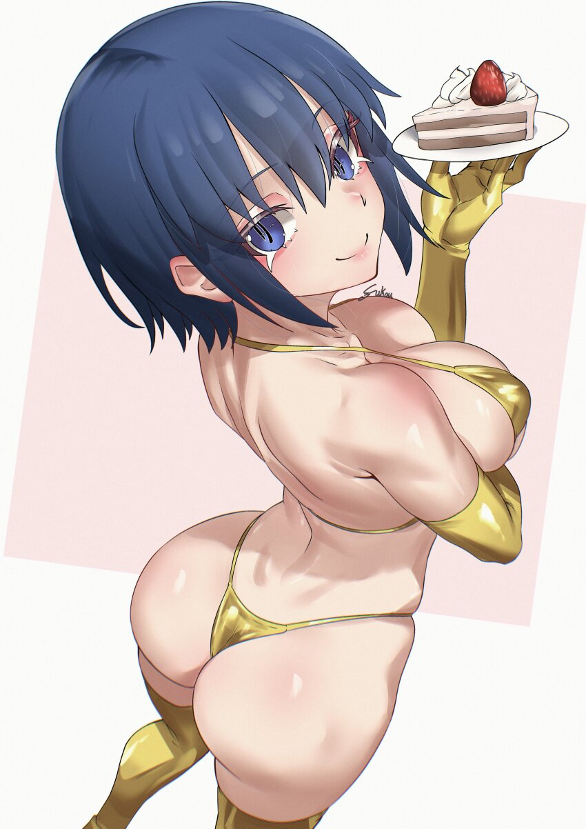 1girl absurdres ass back bare_shoulders bikini blue_eyes blue_hair blush breasts cake cake_slice ciel_(tsukihime) elbow_gloves food fukou gloves gold_bikini gold_gloves gold_thighhighs highleg highleg_bikini highres large_breasts looking_at_viewer looking_back plate short_hair smile solo swimsuit tsukihime