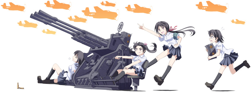 4girls ammunition anti-aircraft anti-aircraft_gun armband crew-served_weapon glasses grumman_tbf_avenger hair_ribbon highres long_image military multiple_girls pointing ribbon school_uniform tri wide_image world_war_ii