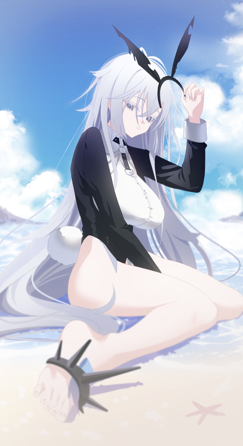 1girl absurdres alternate_costume animal_ears azur_lane beach breasts cloud cloudy_sky day fake_animal_ears fake_tail fancy_(azur_lane) from_side grey_eyes grey_hair hair_between_eyes highres kaerunrun large_breasts long_hair long_sleeves outdoors rabbit_ears rabbit_tail sky solo tail very_long_hair water