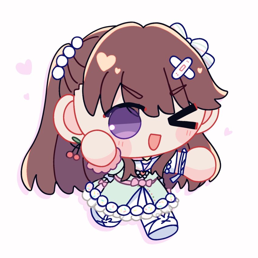 &gt;_o 1girl ;d ball_hands blush brown_hair cherry_hair_ornament chibi chibi_only commentary_request dress food-themed_hair_ornament fujishima_megumi full_body green_dress hair_ornament hakuchu_a_la_mode heart highres link!_like!_love_live! long_hair looking_at_viewer love_live! official_alternate_costume one_eye_closed open_mouth purple_eyes sailor_collar sailor_dress short_sleeves simple_background smile solo two_side_up v-shaped_eyebrows virtual_youtuber watage_modoki white_background white_sailor_collar