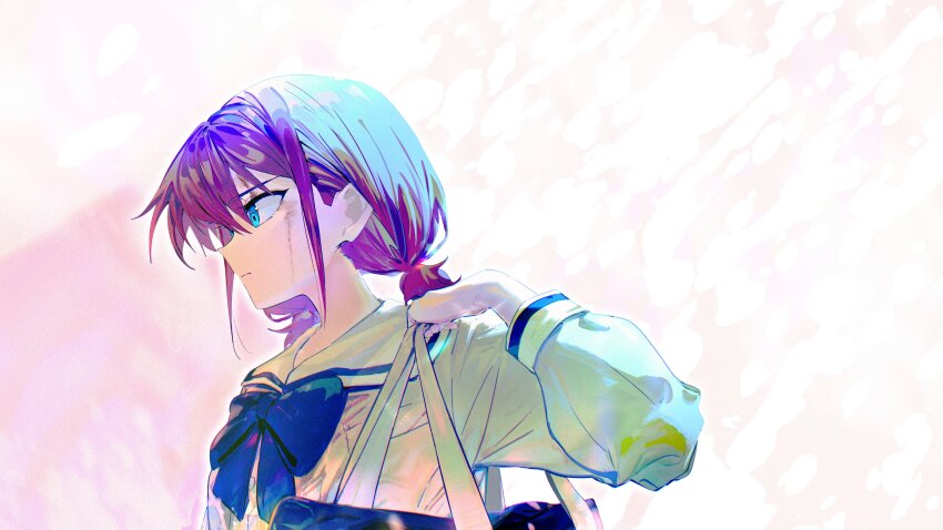 1girl bag blood blood_on_face blue_bow blue_bowtie blue_shirt bow bowtie brown_hair chinese_commentary commentary_request girls_band_cry highres injury iseri_nina long_sleeves low_twintails school_bag school_uniform shirt short_hair short_twintails shoulder_bag solo twintails ydpfa