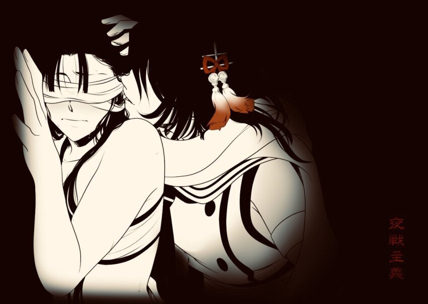 2girls against_wall arm_up bandeau bare_arms bare_shoulders biting black_background black_hair blunt_bangs covered_eyes detached_sleeves biting_ear hair_between_eyes hair_ornament hand_on_another&#039;s_head kantai_collection long_bangs long_hair multiple_girls neko_majin parted_bangs scarf sendai_(kancolle) sendai_kai_ni_(kancolle) shouhou_(kancolle) simple_background sweat yuri