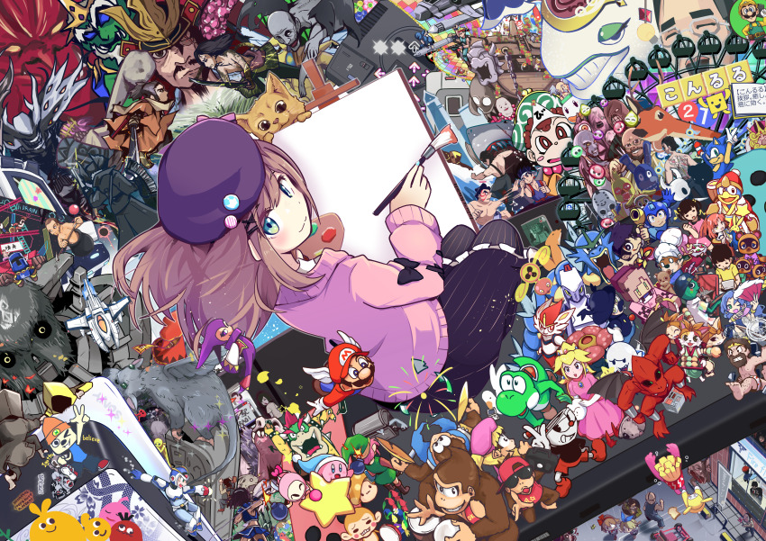 6+boys 6+girls absolutely_everyone absurdres animal arle_nadja bemani beret black_bow black_leggings black_skirt blonde_hair bloodborne blue_eyes blue_pikmin bomb bomberman bongo_drums bonnie_(fnaf) boo_(mario) bow bowser brain_age castlevania_(series) cat character_request chica cinderace copyright_request cuphead dance_dance_revolution demon demon&#039;s_crest demon_wings diddy_kong dixie_kong donkey_kong donkey_kong_(series) dr._kawashima dr._wily_(mega_man) dress drum e._honda everyone explosive facial_hair ferris_wheel fighting final_fight five_nights_at_freddy&#039;s game_console game_freak ganbare_goemon gen_1_pokemon gen_4_pokemon gen_8_pokemon gloves goose_(untitled_goose_game) gradius green_hat gun gyarados hair_ornament hairclip hammer hat helmet highres holding holding_gun holding_paint_palette holding_paintbrush holding_sword holding_weapon hollow_knight hunter_(bloodborne) instrument kanisawa_yuuki king_dedede kirby kirby_(series) kiryu_kazuma knight_(hollow_knight) koopa_clown_car koopa_troopa leggings link long_hair looking_back luigi makaimura maplestory mario mario_(series) mario_kart mega_man_(series) mega_man_x_(series) mike_haggar mimic mimic_chest minecraft missile monkey_(rhythm_tengoku) multiple_boys multiple_girls mustache nail_(hollow_knight) nemesis_(resident_evil) nights_(character) nights_into_dreams nijisanji ninja_gaiden nintendo nintendo_switch orange_mushroom_(maplestory) paint_palette paintbrush parappa parappa_the_rapper pikmin_(series) pink_hair playstation_5 pokemon princess_peach purple_hat purple_sweater puyo_(puyopuyo) puyopuyo red_arremer red_hat red_pikmin resident_evil resident_evil_3:_nemesis rhythm_tengoku rotom rulue_(puyopuyo) ryu_hayabusa ryuu_ga_gotoku_(series) sega_mega_drive shovel_knight shovel_knight_(character) shy_guy sir_arthur_(makaimura) skirt smile sonic_(series) sonic_the_hedgehog street_fighter striped_leggings sunglasses super_mario_64 suzuhara_lulu sweater sword the_last_guardian the_legend_of_zelda the_legend_of_zelda:_a_link_to_the_past timmy_(animal_crossing) tiny_kong tom_nook_(animal_crossing) tommy_(animal_crossing) trico_(character) untitled_goose_game vic_viper vileplume virtua_fighter virtual_youtuber weapon wing_cap wing_mario winged_hat wings x_(mega_man) yellow_pikmin yoshi yuki_akira