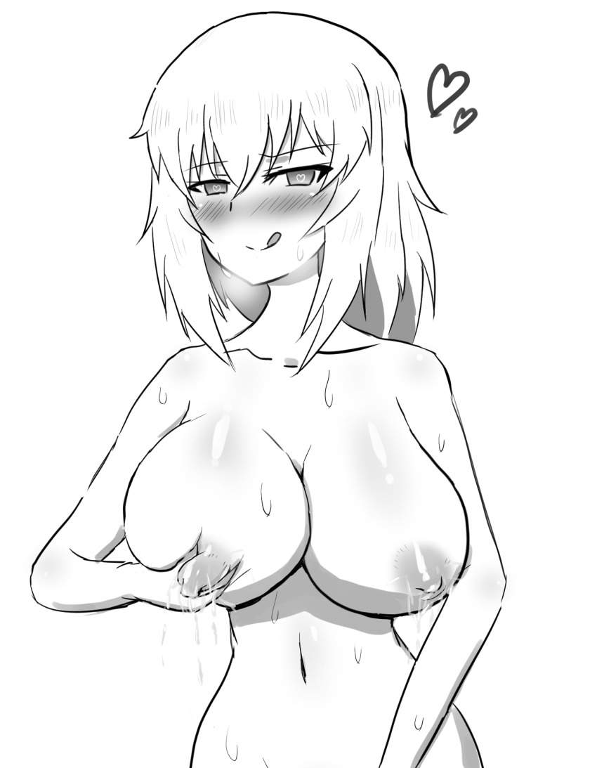1girl blush breasts breasts_squeezed_together cleavage cube_(huidama) girls_und_panzer grabbing_own_breast highres itsumi_erika lactation large_breasts looking_at_viewer monochrome nipples nude solo sweat tongue tongue_out