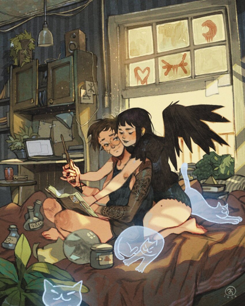 arm_tattoo artist_logo bandaid bandaid_on_face barefoot black_hair black_shirt black_wings blanket blue_leotard book brown_hair can cat cat_stretch ceiling_light closed_eyes closed_mouth computer couple crossed_legs day desk drink_can earrings flask ghost glasses guiding_hand half-closed_eyes highres holding holding_wand jar jewelry kneeling lamp laptop leaning_on_person leotard light_smile logo long_hair on_bed on_blanket open_window original pentagram_tattoo plant potted_plant reading runes shirt short_hair shorts simz sky sleeveless sleeveless_shirt slice_of_life soda_can speaker stretching striped_wall tattoo tattoo_sleeve wand window wings yellow_sky