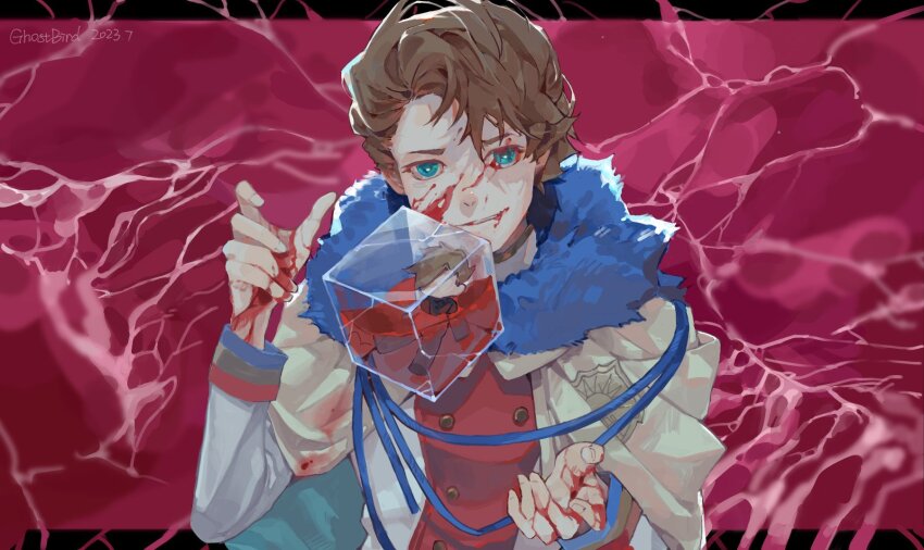 1boy aristocratic_clothes black_clover blood blood_on_clothes blood_on_face blood_on_hands blue_eyes bright_pupils brown_hair capelet character_doll cube doll emblem floating floating_object fur_collar golden_dawn_(emblem) hands_up highres jacket langris_vaude long_sleeves looking_at_viewer male_focus multicolored_jacket red_jacket red_water short_hair smile smirk solo upper_body water white_capelet white_jacket white_pupils xingji20108