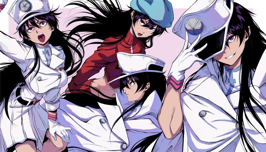 1girl absurdres bambietta_basterbine belt black_hair bleach bleach:_sennen_kessen-hen breasts cape gloves hat highres jesse_schickler long_hair medium_breasts military_hat open_mouth quincy_(bleach) simple_background skirt sternritter teeth white_gloves