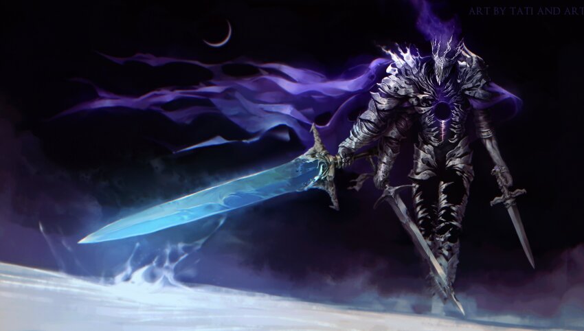 1other absurdres armor cape dual_wielding elden_ring elden_ring_nightreign extra_arms full_armor full_body gauntlets glowing glowing_sword glowing_weapon great_rune_(elden_ring) greatsword helmet heolstor_the_nightlord highres holding holding_sword holding_weapon in-universe_location moon purple_cape shoulder_armor sword tatiandart1 triple_wielding weapon