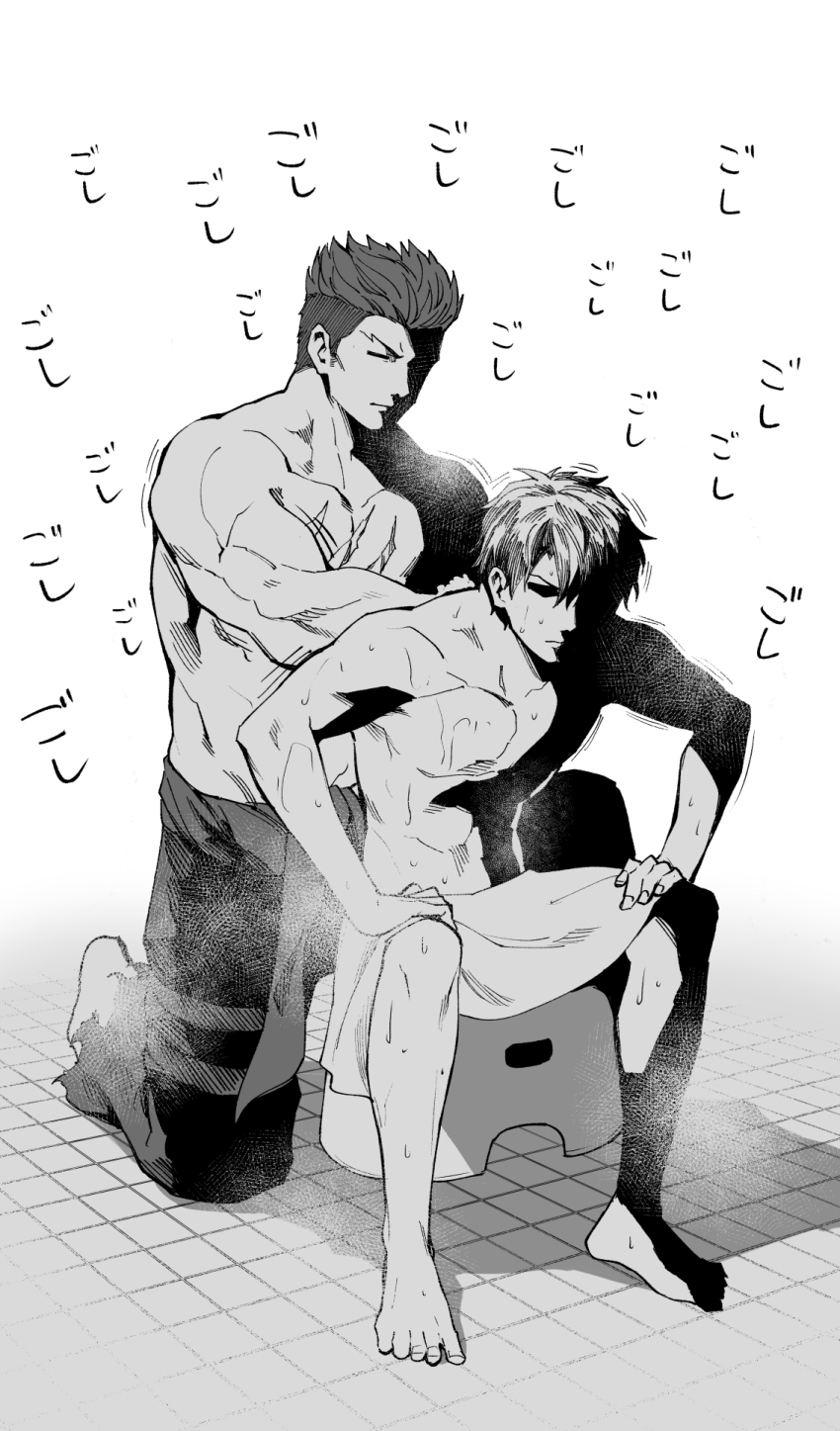 bathing comic fate/grand_order fate_(series) fergus_mac_roich_(fate) fujimaru_ritsuka_(male) greyscale highres hirunagi kneeling monochrome shaded_face short_hair shower_(place) sitting steam topless_male towel wet