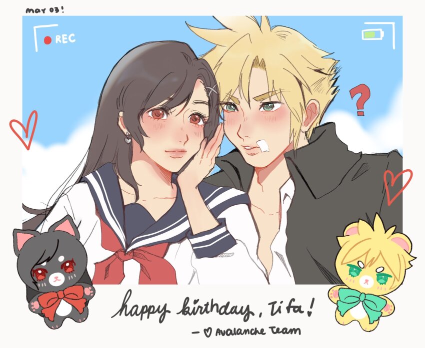 1boy 1girl ? bandaid bandaid_on_cheek bandaid_on_face battery_indicator birthday black_hair black_jacket blonde_hair blue_eyes blue_sailor_collar blue_sky blush char_(shanqi_art) character_name closed_mouth cloud cloud_strife cloud_strife_(midgard_seventh_high_school) cloudy_sky collarbone commentary delinquent doll earrings english_commentary final_fantasy final_fantasy_vii final_fantasy_vii_ever_crisis gakuran hair_ornament hairclip hand_on_own_cheek hand_on_own_face happy_birthday heart heart_earrings highres jacket jewelry lips long_hair looking_at_another looking_to_the_side neckerchief official_alternate_costume open_clothes open_jacket pink_lips recording red_eyes red_neckerchief sailor_collar school_uniform serafuku shirt short_hair sky spiked_hair tifa_lockhart tifa_lockhart_(midgard_seventh_high_school) upper_body white_shirt