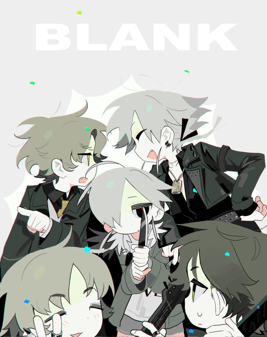5boys black_eyes black_jacket black_shirt brown_hair closed_eyes closed_mouth earrings electric_guitar fang green_eyes green_jacket grey_hair group_picture guitar hair_over_one_eye highres holding holding_knife holding_weapon instrument jacket jewelry knife long_sleeves mk1liaoqian multiple_boys necktie open_clothes open_jacket open_mouth original pointing shirt short_hair shorts smile sweat v weapon yellow_eyes yellow_necktie