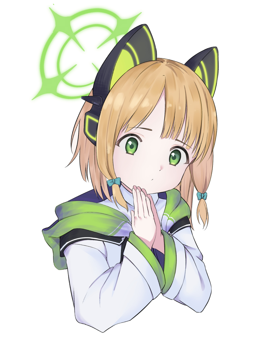 1girl animal_ear_headphones animal_ears blonde_hair blue_archive bow cat_ear_headphones cat_ears closed_mouth collared_shirt commentary cropped_torso dot_mouth fake_animal_ears green_bow green_eyes green_halo green_jacket hair_bow halo hands_up head_tilt headphones highres hood hood_down hooded_jacket jacket long_sleeves looking_at_viewer low-tied_sidelocks medium_hair midori_(blue_archive) multicolored_jacket own_hands_together palms_together parted_bangs school_uniform shirt sidelocks simple_background solo tareme tomorimori upper_body white_background white_jacket white_shirt wide_sleeves