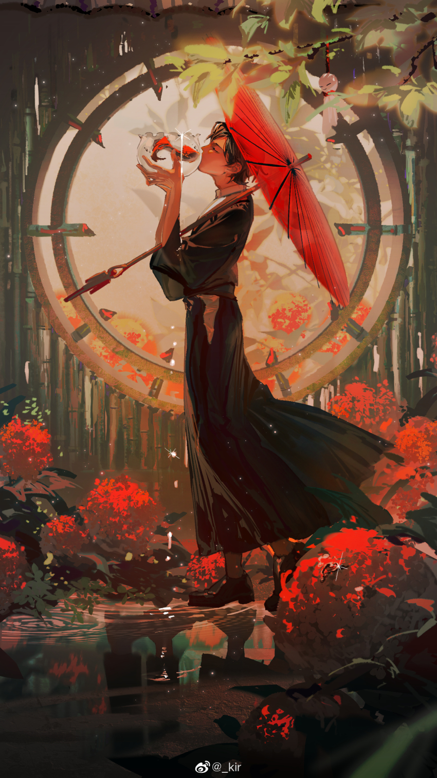 1boy absurdres animal bamboo black_hair black_hanfu bowl chinese_clothes chinese_commentary closed_eyes commentary_request fish fishbowl flower full_body goldfish hanfu highres holding holding_bowl holding_umbrella kiss kissing_animal long_sleeves male_focus moruki oil-paper_umbrella original outdoors puddle rain red_flower red_umbrella reflection reflective_water ripples round_window short_hair solo standing tree umbrella umbrella_over_shoulder watermark weibo_watermark window