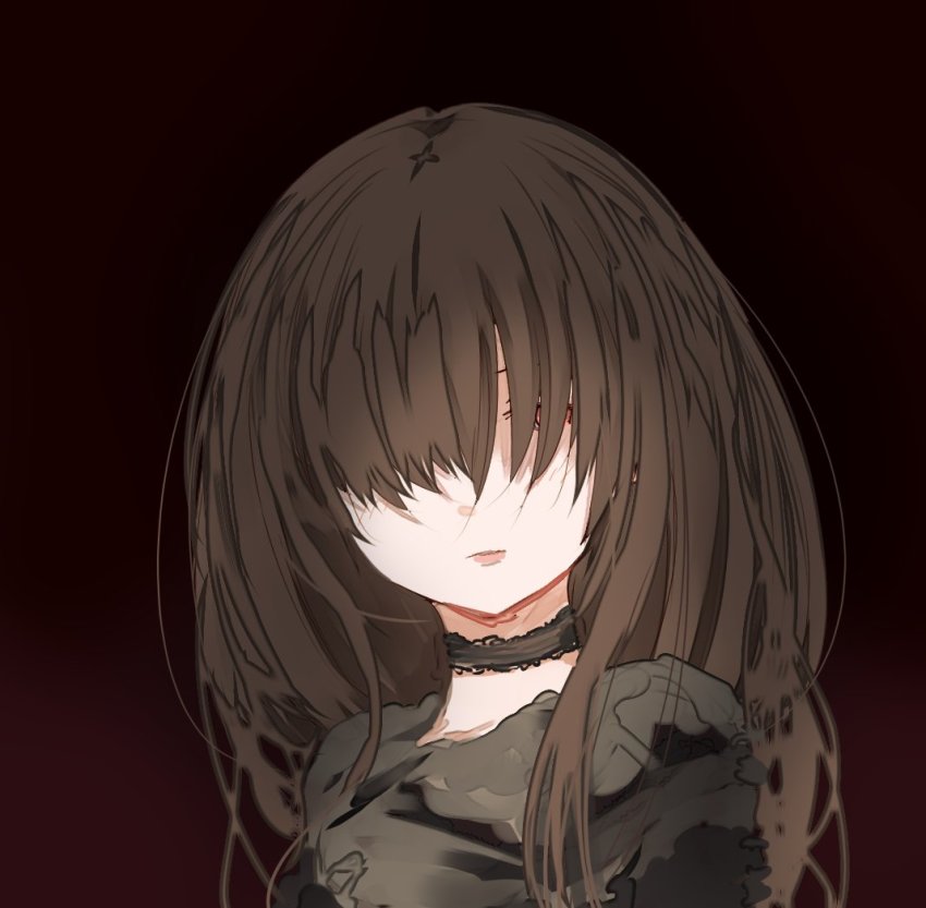 1girl anit black_choker black_hair choker female_focus gradient_background hair_over_eyes long_hair looking_at_viewer original red_eyes solo upper_body