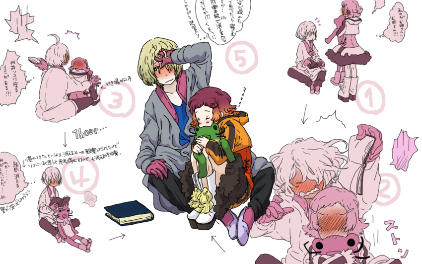 10s 1boy 1girl aquarion_(series) aquarion_evol blonde_hair blush book coat coco_(pixiv_224636) couple doll dress closed_eyes gloves gradient_hair hair_ornament hetero jin_musou multicolored_hair orange_hair purple_hair short_hair stuffed_animal stuffed_toy tama_(aquarion) translation_request yunoha_thrul