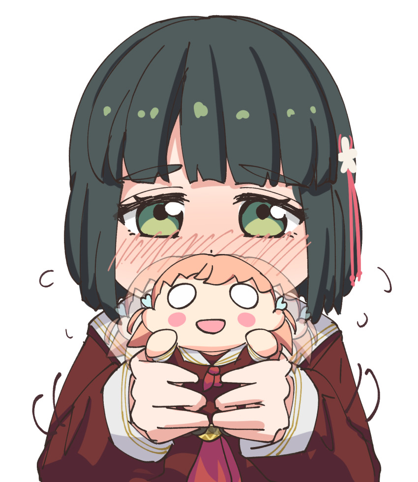 1girl :d artistic_error black_hair blunt_bangs blunt_ends blush bob_cut brown_dress character_doll commentary covering_own_mouth doll dress embarrassed flower flower_knot flying_sweatdrops green_eyes hair_flower hair_ornament hasu_no_sora_school_uniform highres hinoshita_kaho holding holding_doll link!_like!_love_live! long_sleeves love_live! momose_ginko neckerchief nesoberi nose_blush open_mouth orange_hair rabbit_hair_ornament red_neckerchief sailor_collar sailor_dress school_uniform sen_yousoro short_hair simple_background smile solo two_side_up virtual_youtuber white_background white_sailor_collar winter_uniform
