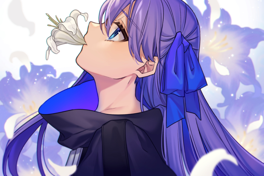 1girl amaryllis_(flower) blue_eyes blue_ribbon blurry blurry_background depth_of_field falling_petals fate/extra fate/extra_ccc fate_(series) floral_background flower flower_in_mouth from_side hair_between_eyes hair_ribbon karokuchitose long_hair looking_up meltryllis_(fate) mouth_hold petals portrait profile purple_flower purple_hair ribbon solo white_flower white_petals