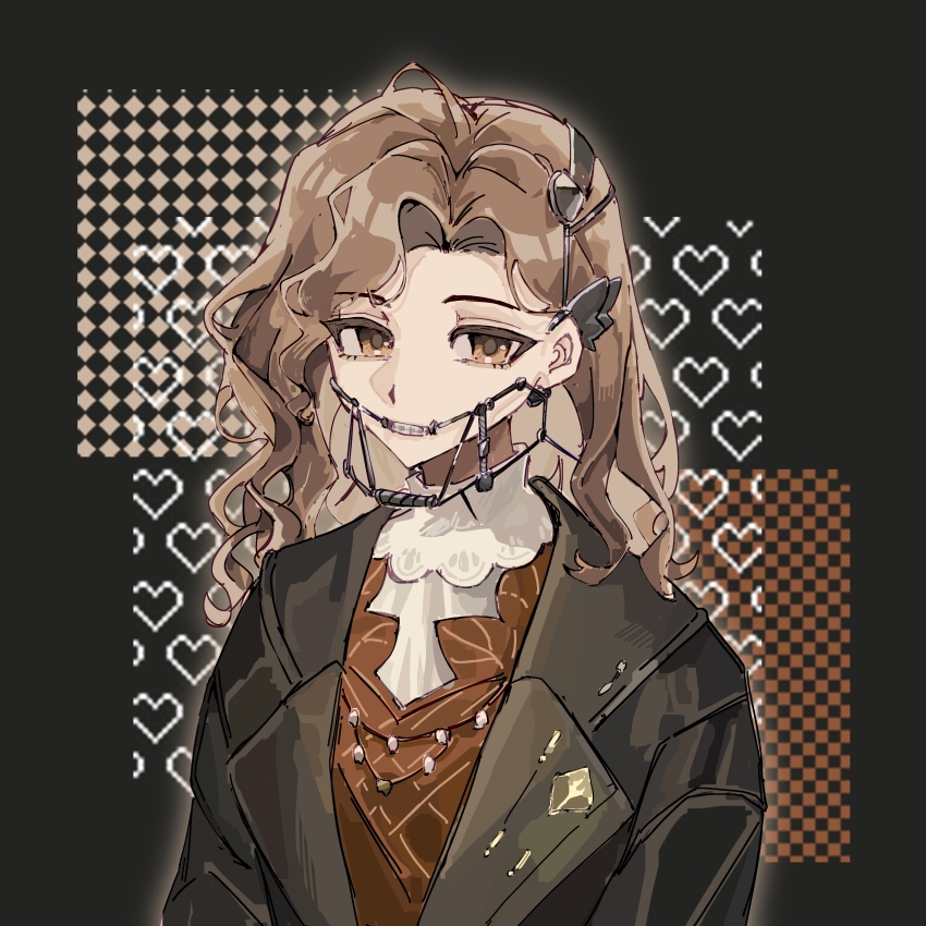 1girl absurdres black_background braces brown_eyes brown_hair coat dress grey_coat heart highres long_hair looking_at_viewer pixel_heart red_dress reverse:1999 sangyu-feiwan shirt solo teeth tooth_fairy_(reverse:1999) upper_body wavy_hair white_shirt