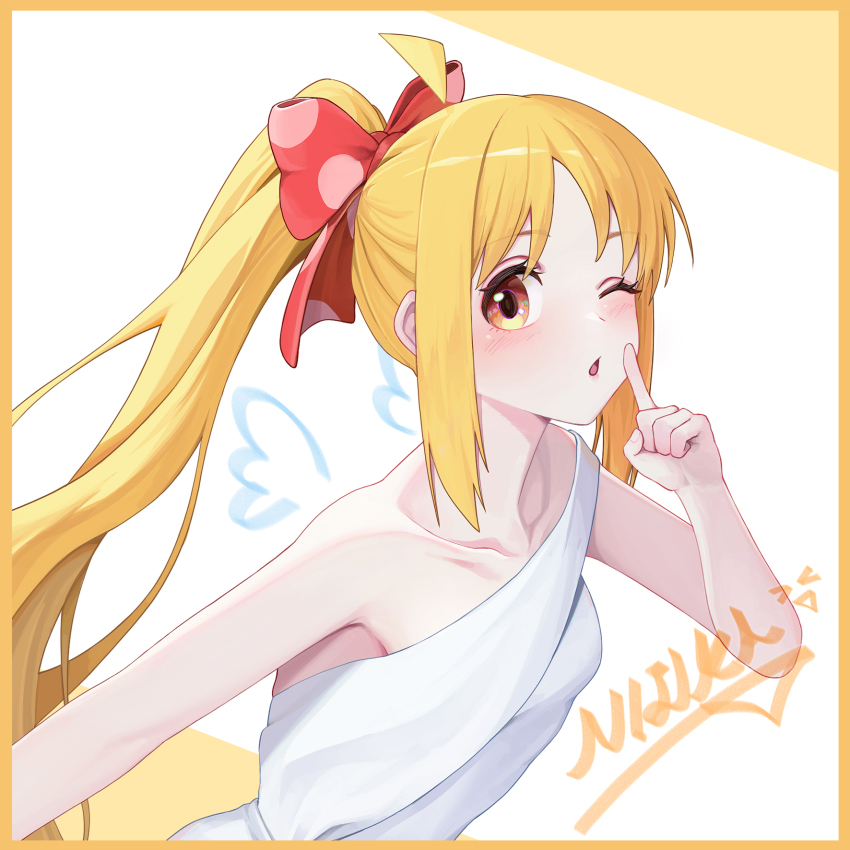 1girl ahoge alternate_hairstyle armpits bare_arms blonde_hair blush bocchi_the_rock! border bow breasts character_name collarbone commentary_request dress eyelashes finger_to_mouth from_side hair_bow hand_up highres ijichi_nijika index_finger_raised long_hair long_sidelocks looking_at_viewer naeaemgung one_eye_closed orange_background orange_border orange_eyes parted_bangs parted_lips polka_dot polka_dot_bow ponytail shushing sidelocks single_strap sleeveless sleeveless_dress small_breasts solo two-tone_background upper_body very_long_hair white_background white_dress