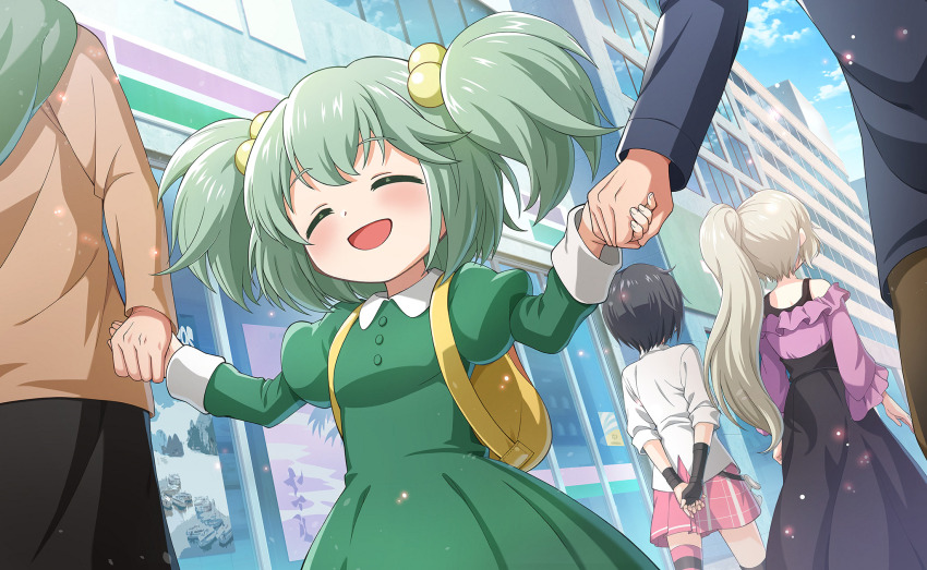 1boy 4girls ^_^ alternate_costume arms_behind_back artist_request backpack bag bare_shoulders black_dress black_gloves black_hair black_skirt black_thighhighs blue_shirt blue_sky brown_pants brown_shirt buttons casual child chitose_yuma cityscape closed_eyes cloud collared_dress collared_shirt day dot_nose dress dress_under_shirt father_and_daughter fingerless_gloves fingernails frilled_shirt frilled_sleeves frills from_behind game_cg gloves green_dress green_hair green_scarf grey_hair hair_bobbles hair_ornament happy head_out_of_frame highres interlocked_fingers juliet_sleeves kure_kirika light_blush light_particles long_dress long_hair long_sleeves mahou_shoujo_madoka_magica mahou_shoujo_madoka_magica_magia_exedra mahou_shoujo_oriko_magica mikuni_oriko miniskirt mother_and_daughter multiple_girls off-shoulder_shirt off_shoulder official_art open_mouth outdoors own_hands_together pants pink_skirt pink_thighhighs plaid_clothes plaid_skirt pleated_dress pleated_skirt poster_(object) puffy_sleeves purple_shirt rabbit scarf shirt shop short_hair short_twintails side_ponytail single_fingerless_glove skirt sky sleeveless sleeveless_dress smile striped_clothes striped_thighhighs thighhighs three-quarter_sleeves twintails two-tone_thighhighs very_long_hair walking white_shirt white_sleeve_cuffs wristband yellow_bag