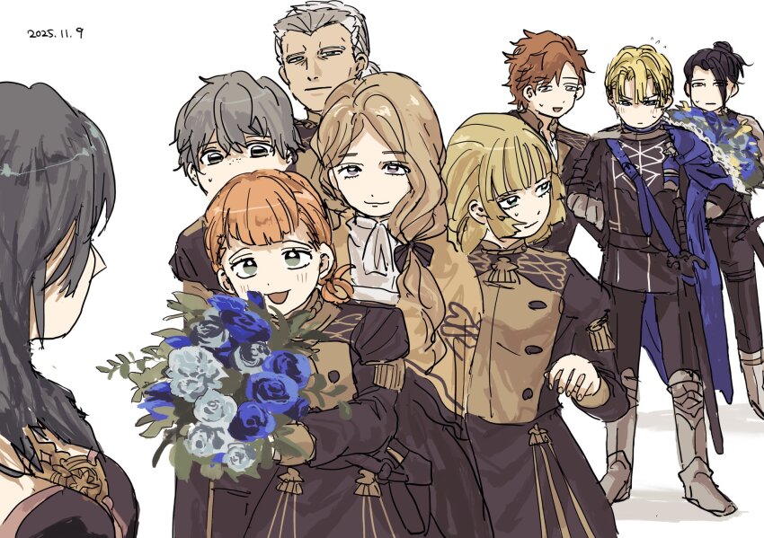 1180ozn 5boys 5girls :d annette_fantine_dominic armored_boots ashe_ubert black_hair blonde_hair blue_cape blush boots bouquet breasts cape closed_mouth dated dedue_molinaro dimitri_alexandre_blaiddyd embarrassed felix_hugo_fraldarius female_byleth_(fire_emblem) fire_emblem fire_emblem:_three_houses flower garreg_mach_monastery_uniform grey_hair highres holding holding_bouquet ingrid_brandl_galatea long_hair long_sleeves looking_at_another medium_breasts mercedes_von_martritz multiple_boys multiple_girls nintendo open_mouth orange_hair short_hair simple_background smile standing sylvain_jose_gautier tongue white_background