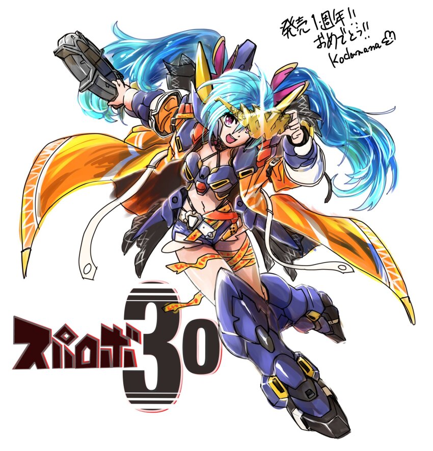 1girl :d adjusting_eyewear anniversary artist_name az_sainklaus blue_hair breasts chakram cleavage copyright_name cosplay unworn_eyewear hand_on_eyewear highres holding holding_removed_eyewear holding_weapon huckebein_30 huckebein_30_(cosplay) jacket long_hair mecha_musume open_mouth orange_jacket purple_eyes small_breasts smile solo super_robot_wars super_robot_wars_30 thigh_strap twintails weapon yuzupapa