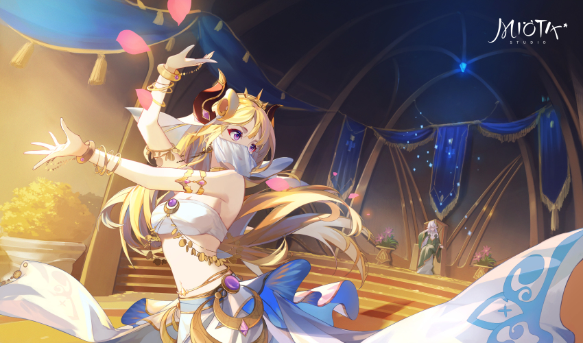 2girls absurdres arabian_clothes armlet artist_logo bandeau bangle bare_arms bare_shoulders blonde_hair blush bracelet breasts chinese_commentary cleavage closed_mouth commentary_request dancing darkcatowo forehead_jewel genshin_impact goddess_of_flowers_(genshin_impact) harem_outfit head_tilt headdress highres horns jewelry logo medium_breasts midriff mouth_veil multiple_girls navel purple_eyes rukkhadevata_(genshin_impact) skirt spoilers stomach strapless tube_top veil white_hair white_veil