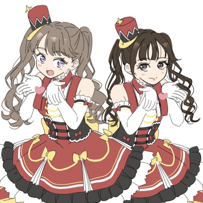 2girls :d animification bare_shoulders blowing_kiss blunt_bangs breasts brown_eyes brown_hair closed_mouth commentary_request dress elbow_gloves frilled_dress frills fujishima_megumi gloves hat heart highres key_of_like! link!_like!_love_live! llkapital love_live! medium_breasts mini_hat mini_shako_cap multiple_girls official_alternate_costume open_mouth purple_eyes real_life red_dress red_hat second-party_source shako_cap short_dress simple_background sleeveless sleeveless_dress smile split_mouth tilted_headwear tsukine_kona twintails unfinished virtual_youtuber voice_actor voice_actor_connection white_background white_gloves