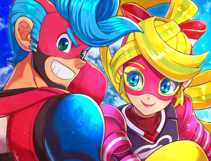 1boy 1girl arms_(game) blonde_hair blue_eyes blue_hair blue_sky bow boxing_gloves closed_mouth day domino_mask green_eyes grin hair_bow highres hizuki_(hiduki6121) long_hair looking_at_viewer mask outdoors pompadour ribbon_girl_(arms) ribbon_hair short_hair signature sky smile spring_man_(arms)