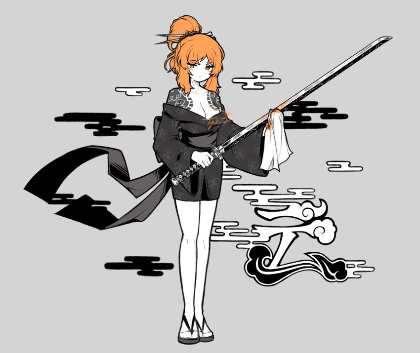 1girl arm_tattoo bare_legs black_kimono breasts freckles full_body grey_background grey_ribbon grey_sash hair_bun highres holding holding_sword holding_weapon irezumi ishmael_(project_moon) japanese_clothes katana kimono kurokumo_clan_(identity)_(project_moon) limbus_company looking_at_viewer orange_eyes orange_hair project_moon sandals simple_background solo standing sword tattoo weapon zeremi0102