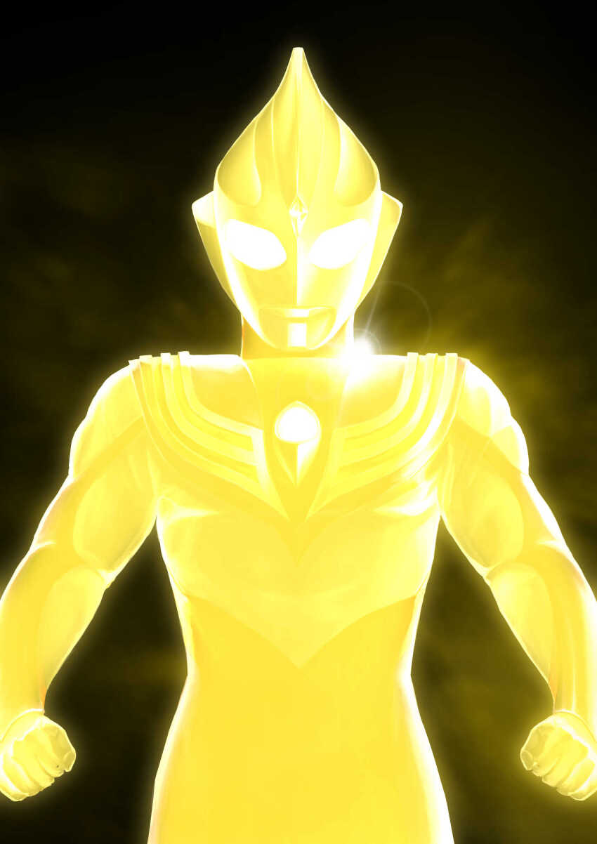 1boy alien armor aura breastplate clenched_hands color_timer colored_skin commentary compound_eyes cowboy_shot crystal dark_background dorsal_fin energy forehead_jewel gattyo gem glowing glowing_eyes gold_aura gold_skin highres lens_flare looking_at_viewer looking_down male_focus multicolored_skin pectorals silver_trim solo standing tokusatsu ultra_series ultraman_tiga ultraman_tiga:_the_final_odyssey ultraman_tiga_(glitter_tiga) ultraman_tiga_(series) white_eyes wrinkled_skin yellow_skin