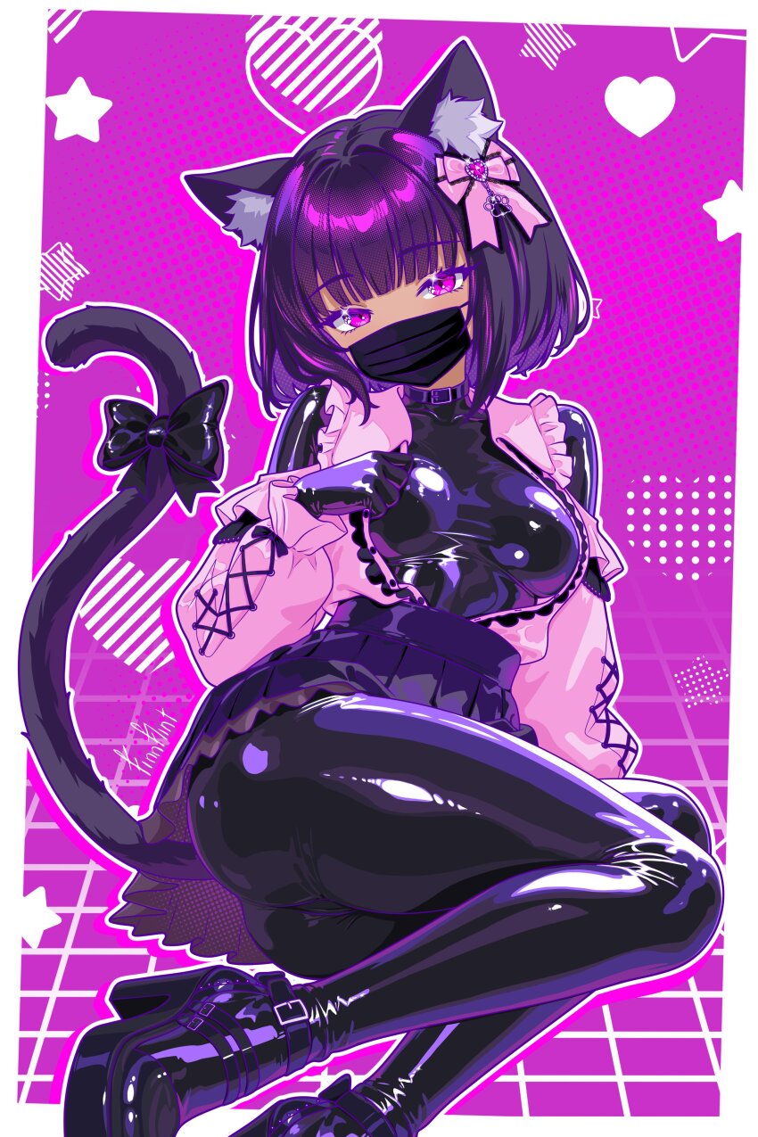 1girl absurdres animal_ear_fluff animal_ears ass black_collar black_hair black_mask bodysuit bow breasts cat_ears cat_tail collar finn_flint finn_flint_(vtuber) frilled_shirt_collar frills full_body hair_bow heart high_heels highres jirai_kei latex latex_bodysuit mask medium_breasts mouth_mask on_floor original platform_heels purple_background purple_eyes short_hair signature sitting skirt solo star_(symbol) tail thighs
